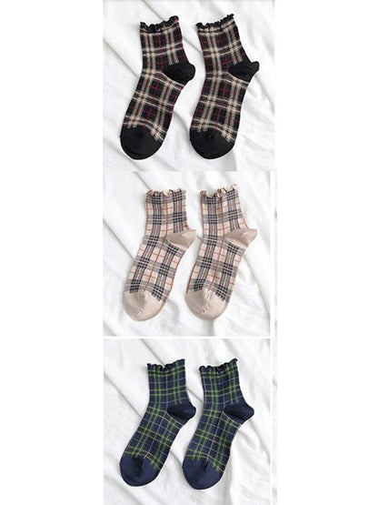 3 Pairs/lot Summer Short Socks Women Stringy Selvedge Girls Student Style Retro Ladylike Style JP Cotton Young Lady Plaid Ruffle