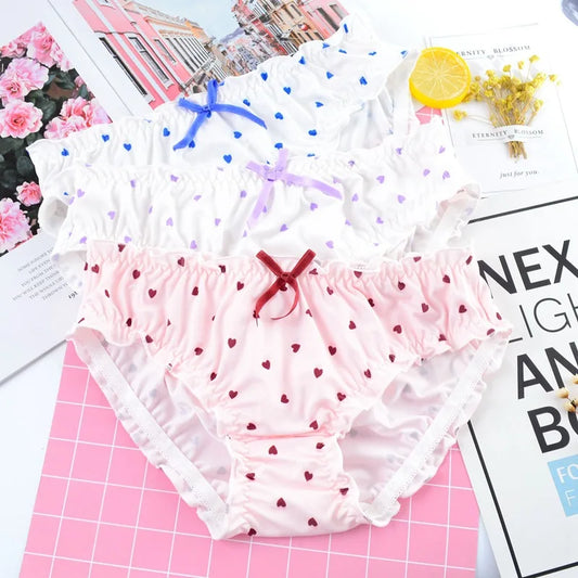 Milk Silk Satin Silky Heart Print Women Panties Ruffle Cute Lovely Sweet Girl Underwear Princess Style Seamless Female Breifs
