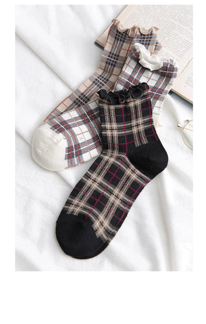 3 Pairs/lot Summer Short Socks Women Stringy Selvedge Girls Student Style Retro Ladylike Style JP Cotton Young Lady Plaid Ruffle