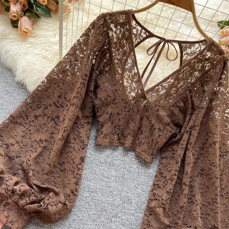 Autumn Black/White/Brown Sexy Lace Blouse Women Elegant V-Neck Puff Long Sleeve Open Back Short Tops Female Party Blusas 2021