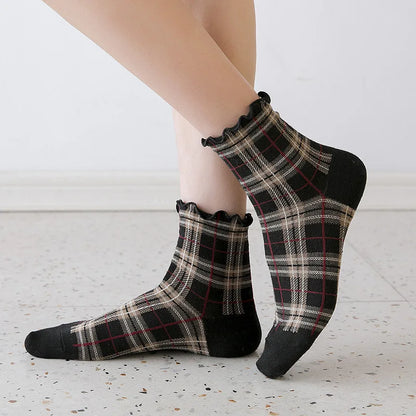 3 Pairs/lot Summer Short Socks Women Stringy Selvedge Girls Student Style Retro Ladylike Style JP Cotton Young Lady Plaid Ruffle
