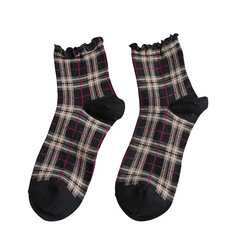 3 Pairs/lot Summer Short Socks Women Stringy Selvedge Girls Student Style Retro Ladylike Style JP Cotton Young Lady Plaid Ruffle