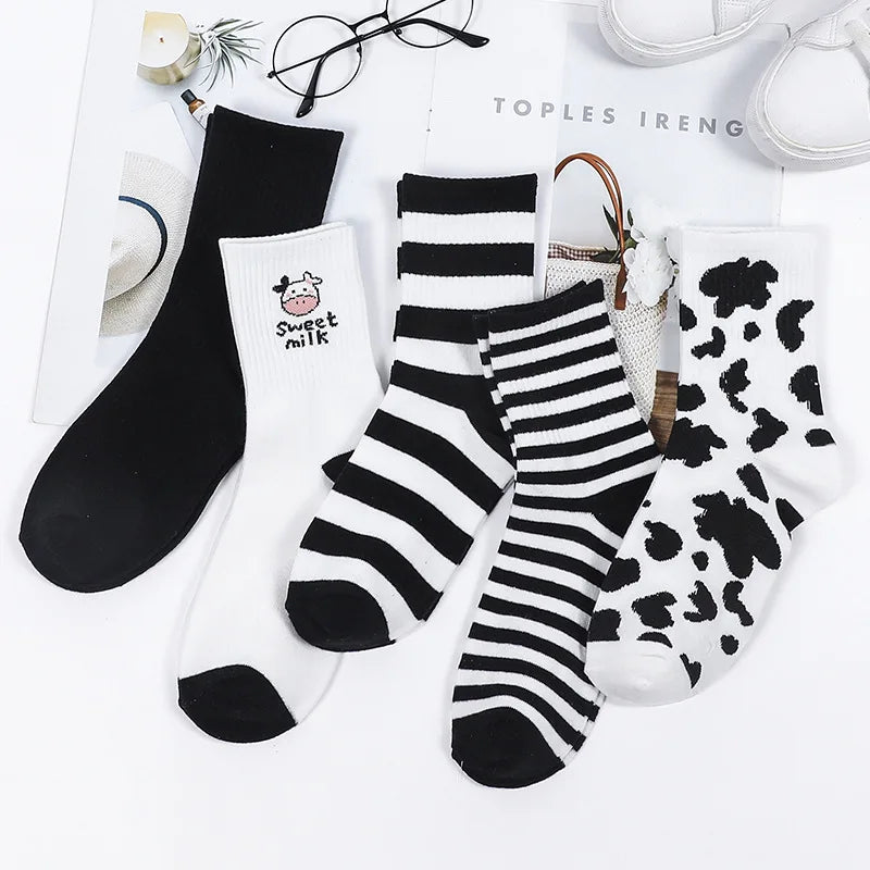 5 Pairs New Fashion Colorful Harajuku Korean Kawaii Cute Women Socks Cat Dog Owl Stripe Avocado Girl Cotton Cartoon Socks