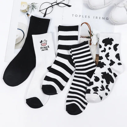 5 Pairs New Fashion Colorful Harajuku Korean Kawaii Cute Women Socks Cat Dog Owl Stripe Avocado Girl Cotton Cartoon Socks