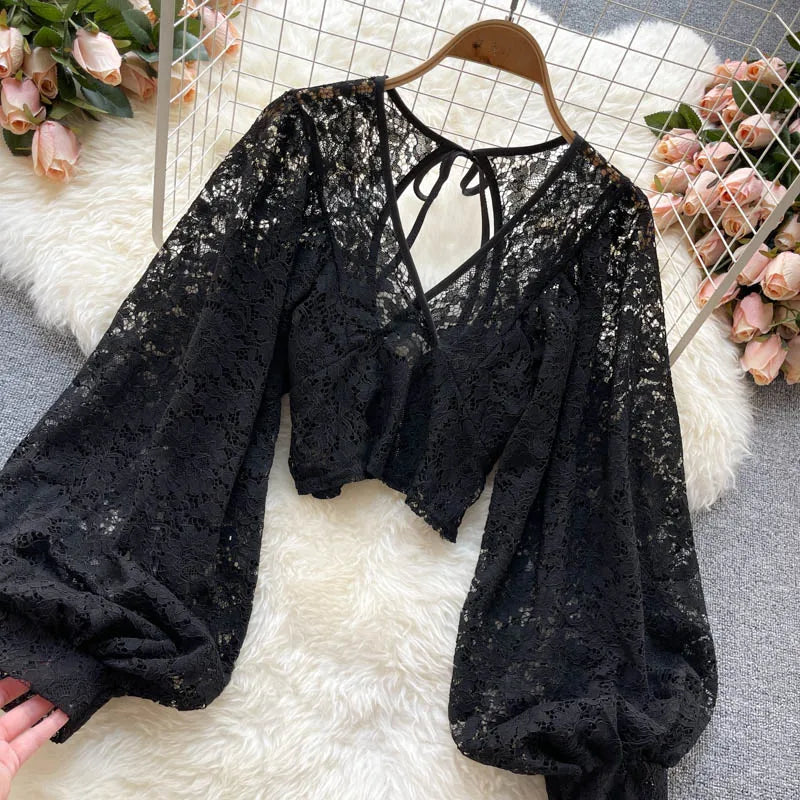 Autumn Black/White/Brown Sexy Lace Blouse Women Elegant V-Neck Puff Long Sleeve Open Back Short Tops Female Party Blusas 2021