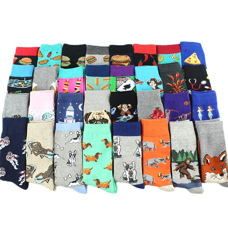 Animal Pug Elephant Lionu Funny Socks Men Chili Hamburg Pizza Crew Socks Harajuk Novelty Gift Sokken Unisex Skateboard Socks