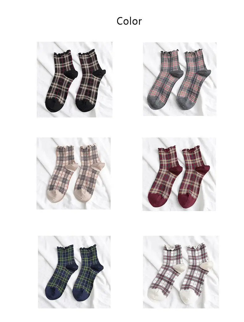 3 Pairs/lot Summer Short Socks Women Stringy Selvedge Girls Student Style Retro Ladylike Style JP Cotton Young Lady Plaid Ruffle