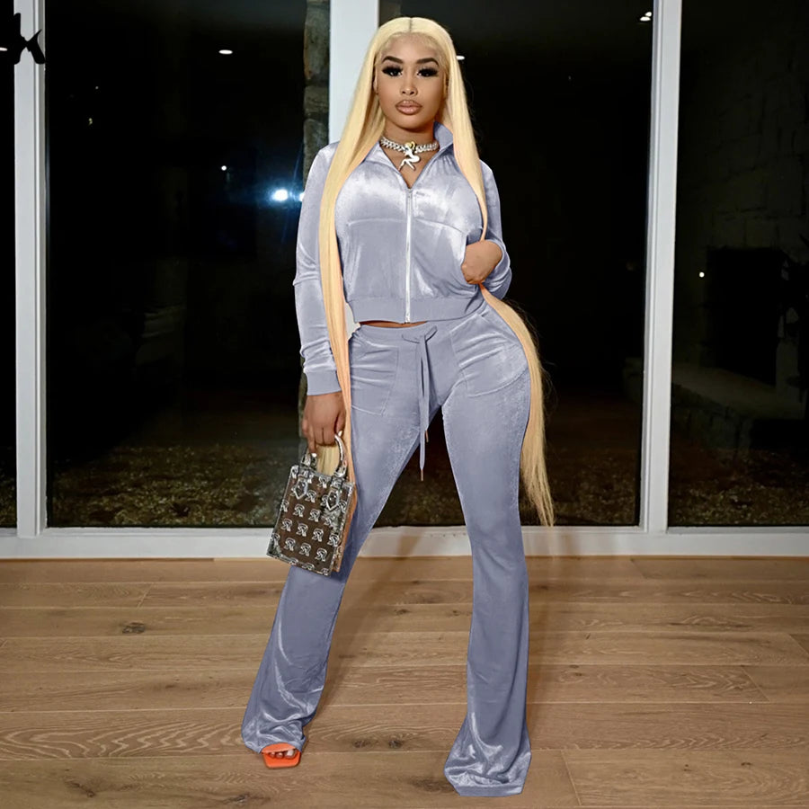 Kliou Solid Velour Two Piece Set Women Simple Casual Zipper Long Sleeve Turtleneck Top+Bandage Lace Slim Female Wide Leg Pants