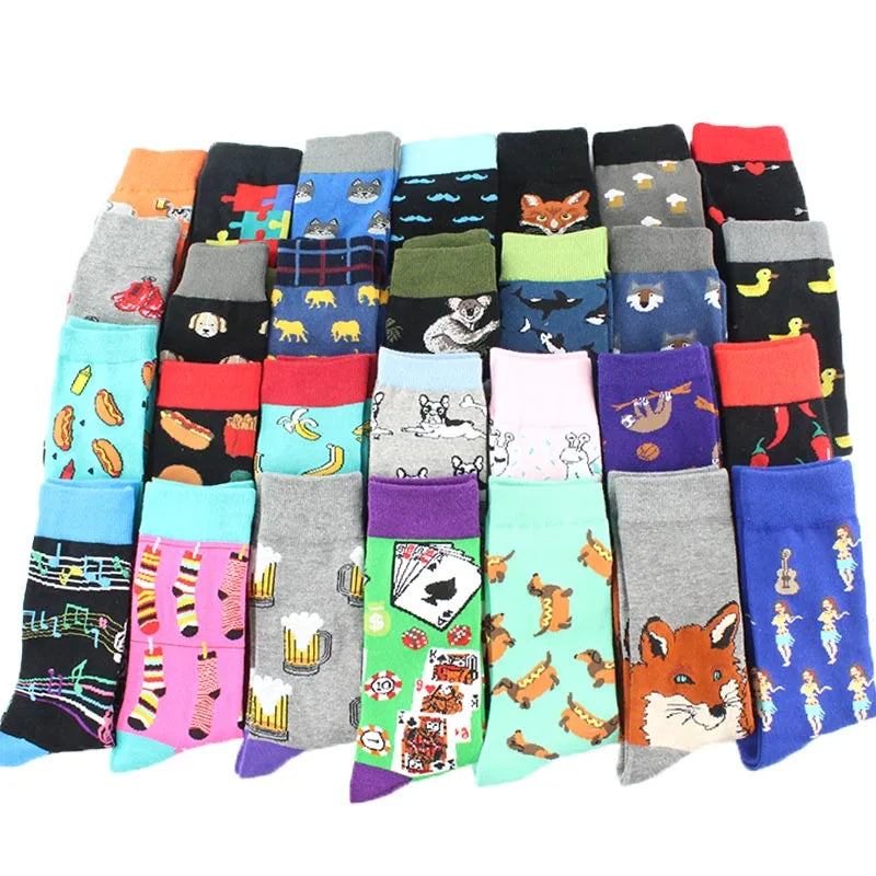 Animal Pug Elephant Lionu Funny Socks Men Chili Hamburg Pizza Crew Socks Harajuk Novelty Gift Sokken Unisex Skateboard Socks