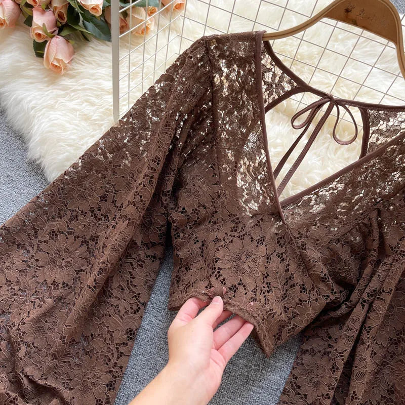 Autumn Black/White/Brown Sexy Lace Blouse Women Elegant V-Neck Puff Long Sleeve Open Back Short Tops Female Party Blusas 2021
