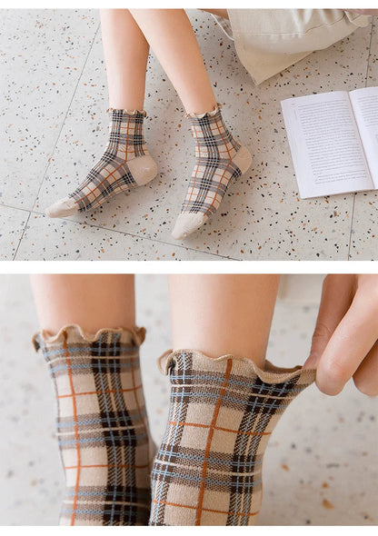 3 Pairs/lot Summer Short Socks Women Stringy Selvedge Girls Student Style Retro Ladylike Style JP Cotton Young Lady Plaid Ruffle