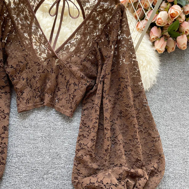 Autumn Black/White/Brown Sexy Lace Blouse Women Elegant V-Neck Puff Long Sleeve Open Back Short Tops Female Party Blusas 2021