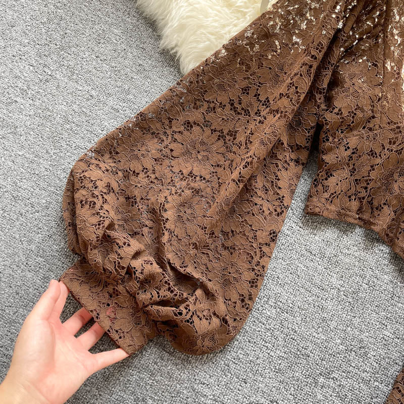 Autumn Black/White/Brown Sexy Lace Blouse Women Elegant V-Neck Puff Long Sleeve Open Back Short Tops Female Party Blusas 2021