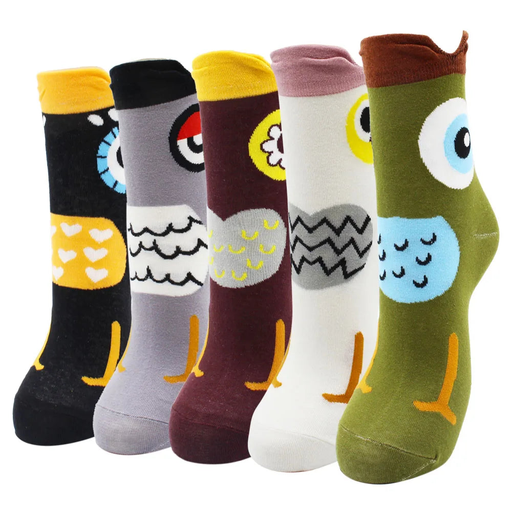 5 Pairs New Fashion Colorful Harajuku Korean Kawaii Cute Women Socks Cat Dog Owl Stripe Avocado Girl Cotton Cartoon Socks