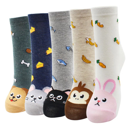 5 Pairs New Fashion Colorful Harajuku Korean Kawaii Cute Women Socks Cat Dog Owl Stripe Avocado Girl Cotton Cartoon Socks