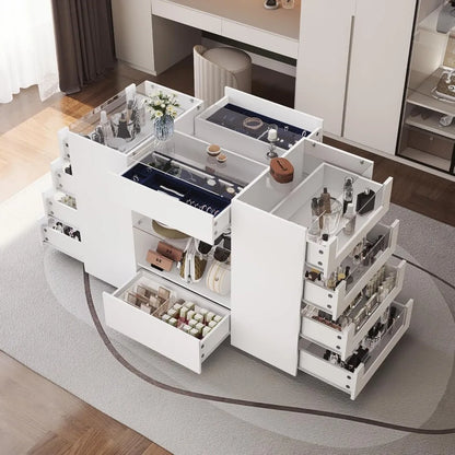Closet Island with Drawers, Wardrobe Armoire Bedroom Island, Glass Display Shelf & 12 Drawers, White Dresser with Glass Top