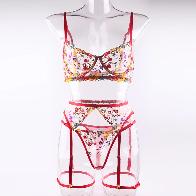 Ellolace Lingerie Sensual Lace Underwear Transparent Embroidery 3-Piece Garters Fancy Beautiful Short Skin Care Kits Intimate
