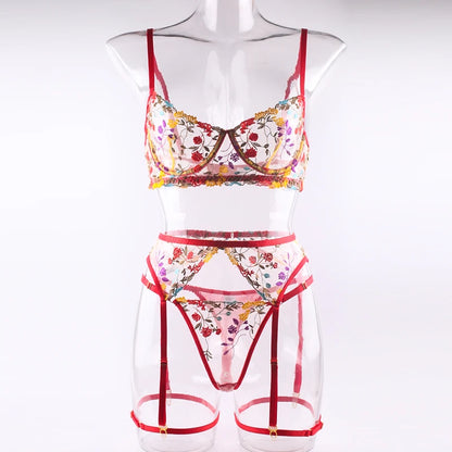 Ellolace Lingerie Sensual Lace Underwear Transparent Embroidery 3-Piece Garters Fancy Beautiful Short Skin Care Kits Intimate