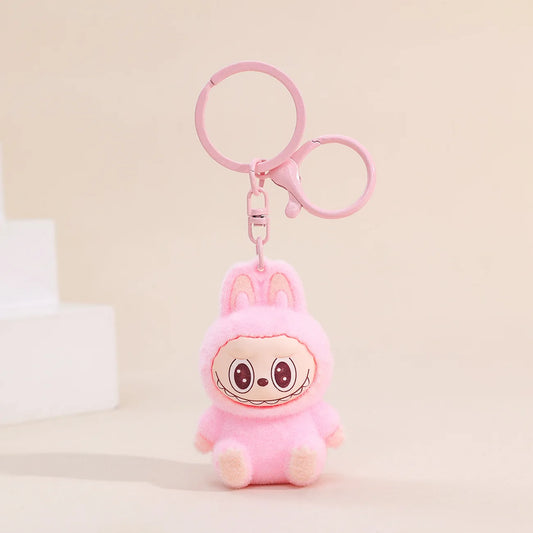 Sitting Labubu Doll Keychain External Implantation Fluff Pvc Toy Phone Ornaments Bag Charms Car Keychain Christmas Gifts