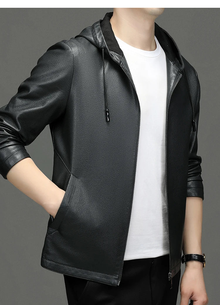 2024 High Quality Hooded Leather Fashion Handsome Trend Solid Color Casual Dad Dad Motorcycle Leather Jacket Upscale  M-4XL