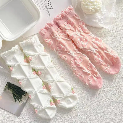 5 Pairs Lolita Japanese Woman Cute White Short Socks Set Girl Spring Summer Sweet Ruffle Lovely Cotton Socks For Women