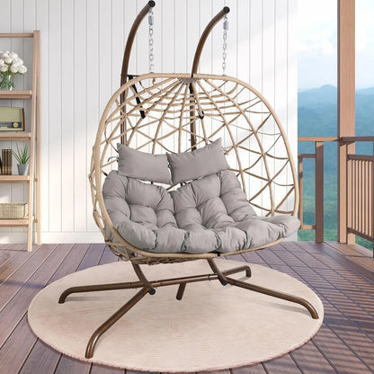 Outdoor Egg Swing Chair with Stand, 2 Person Patio Swing Chairs with Thick Cushions and Pillows, Wicker Double Egg Chair Swing