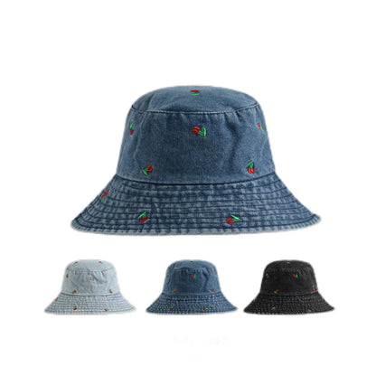 Spring Summer Strawberry Embroidery Denim Jeans Bucket Hat Legent Fisherman Hats for Women Foldable Sport Sun Beach Panama Caps