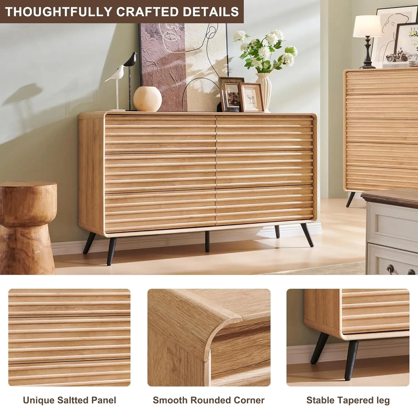 6 Drawers Dresser for Bedroom, 54'' Wide Mid Century Modern Wood Fluted Double Dresser, Chest of Drawers with Tapered Leg