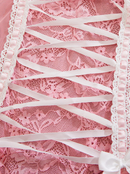 Ellolace Fancy Lace Bodysuit With Long Stocking Lace Up Onlyfan Body Suit Girly Pink Sexy Dames Sexy Top Sissy Lingerie