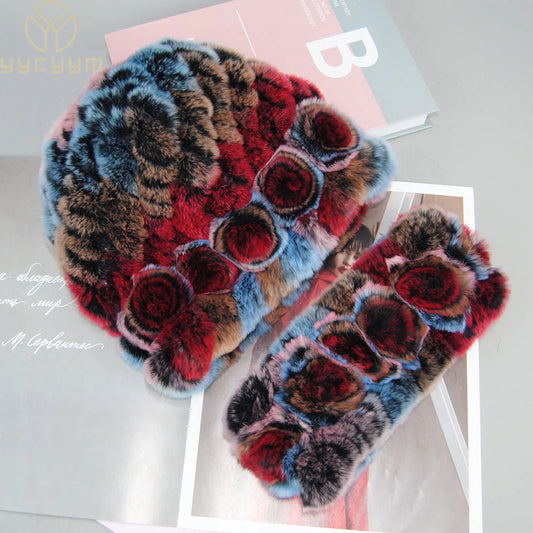 New Fashion Real Fur Hats Scarves Sets Women Winter Knitted Real Rex Rabbit Fur Hat Scarf Ladies Natural Fur Hats Mufflers Sets