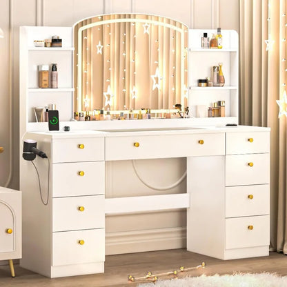 55 "Makeup Dresser with Mirror and LED Lights - Glass Top Dresser with Power Outlet and Storage Rack, Drawers