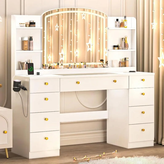 55 "Makeup Dresser with Mirror and LED Lights - Glass Top Dresser with Power Outlet and Storage Rack, Drawers