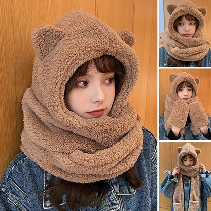 Cute Bear Ear Hat Fashion Winter Warm Comforts Polyester Thickened Plush Hoodie Hat Scarf Gloves Set Girl Kawaii Warm Casual Hat