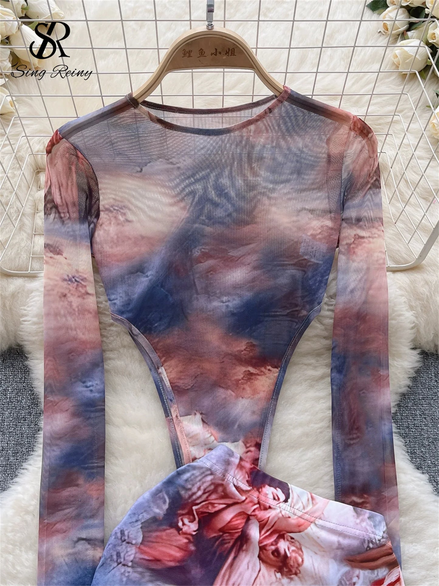 SINGREINY Fashion Hotsweet Two Pieces Suits O Neck Long Sleeved Transparent BodySuit Top+ Skinny Mini Skirt Tie Dye Print Sets