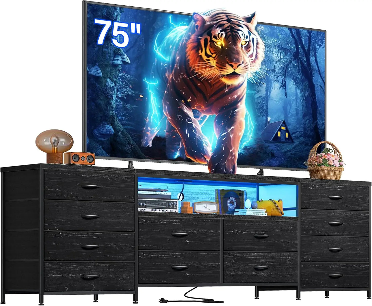 75 Inch TV 63" W Dresser TV Stand for Bedroom with LED Lights & Power Outlets & 12 Drawers Dresser