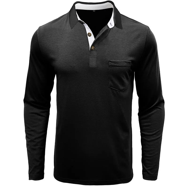 Spring Trend Men's Long Sleeve Casual Tshirt Solid Lapel Button Up Pullover Tops Autumn Turn Down Collar Bottoming Polo Shirt