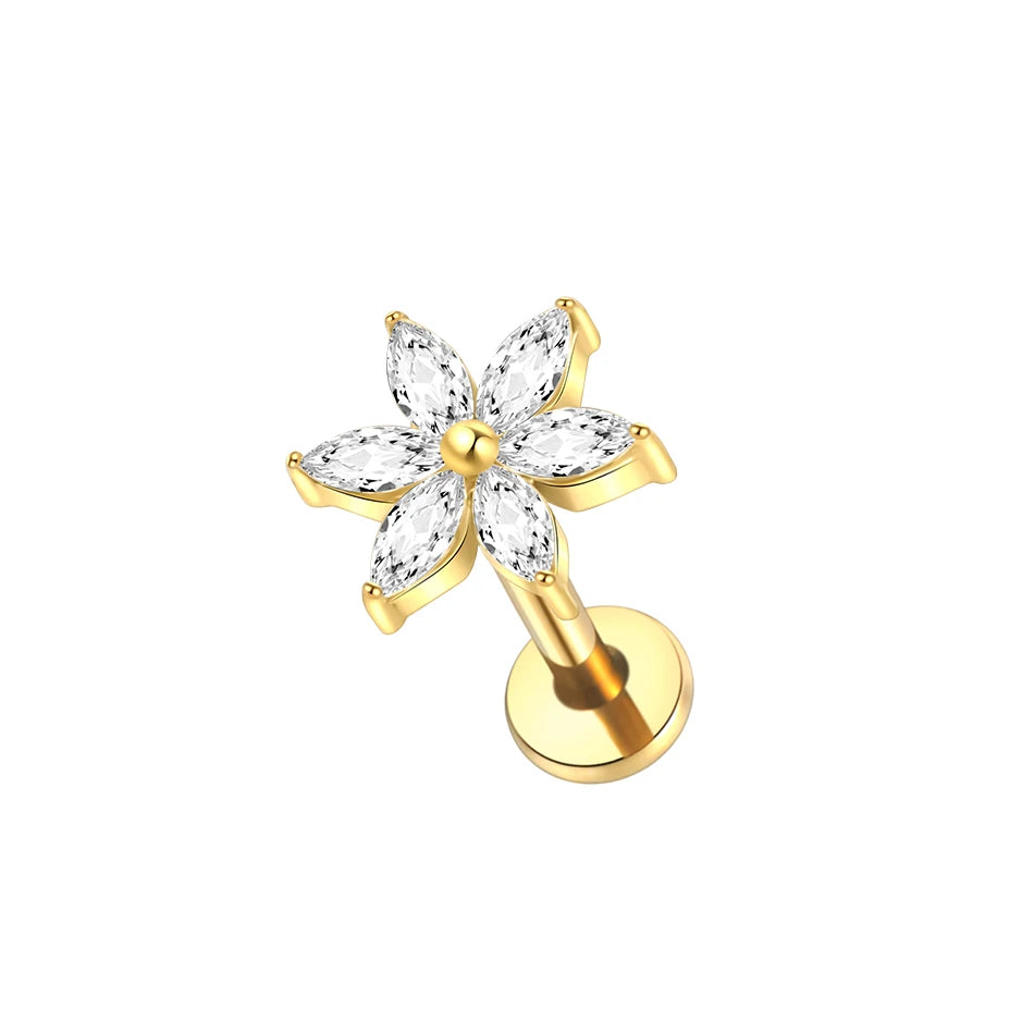 1pcs Titanium Piercing Cross Flower Stud Earring Internally Threaded Cubic Zircon Tragus Helix Piercing Body Jewelry
