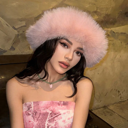 2024 Fluffy Faux Fur Bucket Hats Women Rabbit Fur Warm Thick Plush Winter Hat Lady Fashion Luxury Panama Furry Fisherman Cap Y2k