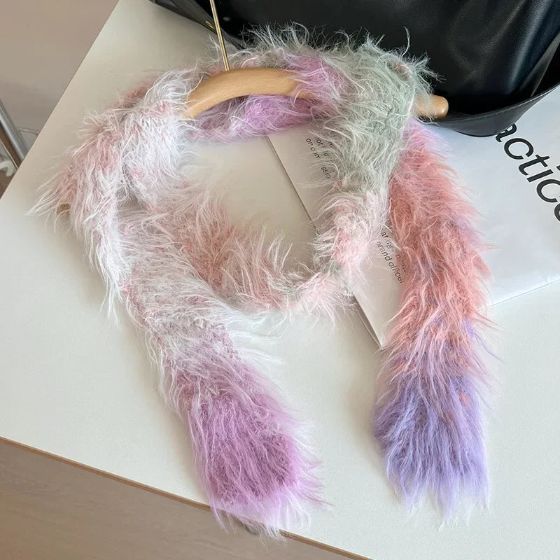 Striped Plush Scarf Women's Niche Design Sense Spice Girl Versatile Decoration Korean Version Thin and Narrow Long Scarf