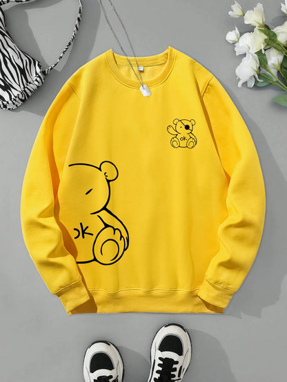 Kawaii OK Teddy bear Printing Sweatshirts For Women Classic Retro Fashion Hoodies Fleece Warm Casual Clothes Loose Sportswear