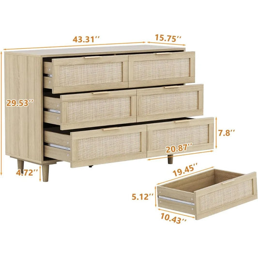 Rattan Dresser for Bedroom, 6 Drawer Wide Dresser, Boho&Farmhouse Chest of Drawers, 43" Clothes Storage Cabinet, Metal Handle