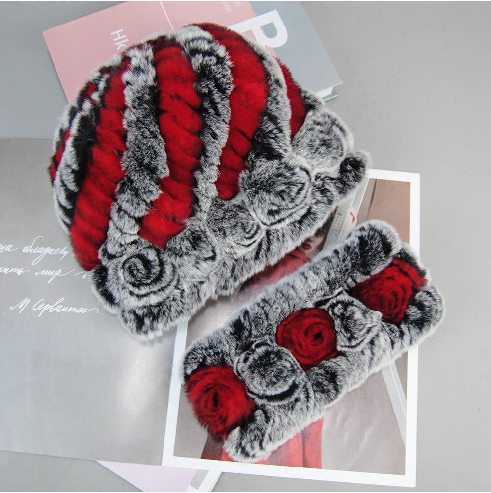 New Fashion Real Fur Hats Scarves Sets Women Winter Knitted Real Rex Rabbit Fur Hat Scarf Ladies Natural Fur Hats Mufflers Sets