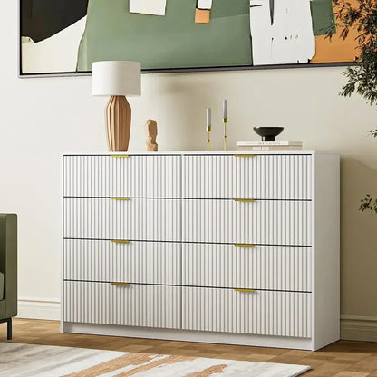 55" Wide Dresser Bedroom, Fluted 8-Drawer Double Dresser with Gold Handles, Modern Tall Chest of Drawers for Bedroom, Dressers