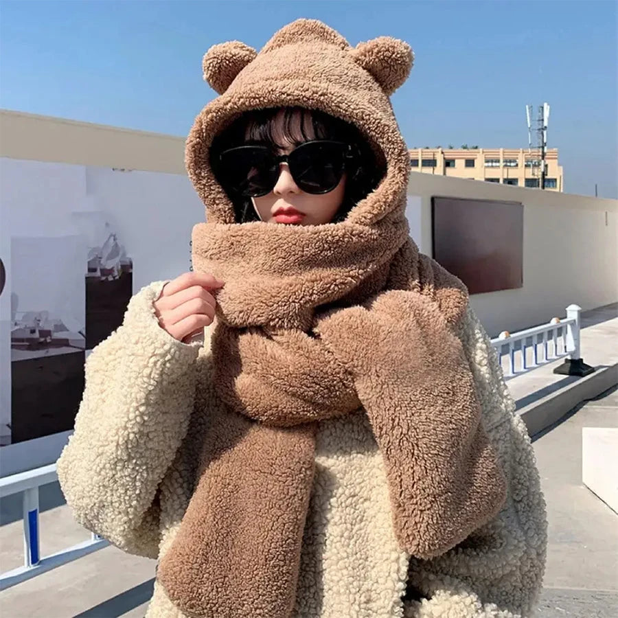 Cute Bear Ear Hat Fashion Winter Warm Comforts Polyester Thickened Plush Hoodie Hat Scarf Gloves Set Girl Kawaii Warm Casual Hat