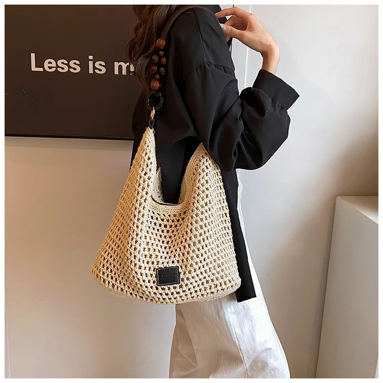 Beach Summer Bag for Women Mesh Woven Shoulder Bag Adjustable Strap Handbag Large Capacity Hobo Bag for Travel Vacation