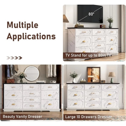 70inch Large Long Dresser w/Charging Station,10 Drawer Dresser w/Deep Big Drawers, Wooden Chest of Drawers w/Power Outlet