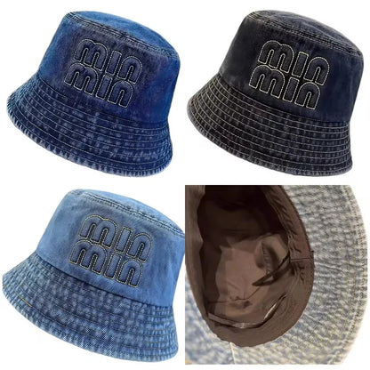 Spring Summer Strawberry Embroidery Denim Jeans Bucket Hat Legent Fisherman Hats for Women Foldable Sport Sun Beach Panama Caps