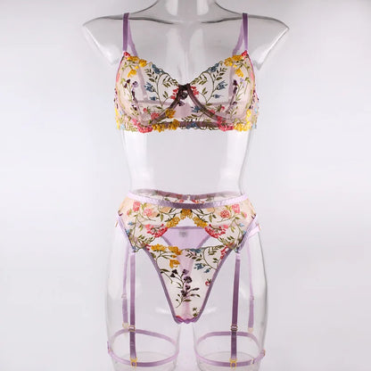 Ellolace Lingerie Sensual Lace Underwear Transparent Embroidery 3-Piece Garters Fancy Beautiful Short Skin Care Kits Intimate