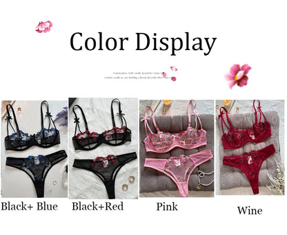 Night Beautiful Sexy Women 2 Piece floral Embroidery Underwear Sexy Erotic lingerie underwear Set