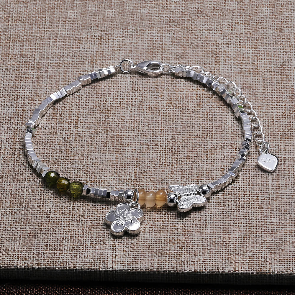 VENTFILLE 925 Sterling Silver Diamond-Studded Butterfly Bracelet Women's Fashion Temperament Flower Adjustable Bracelet